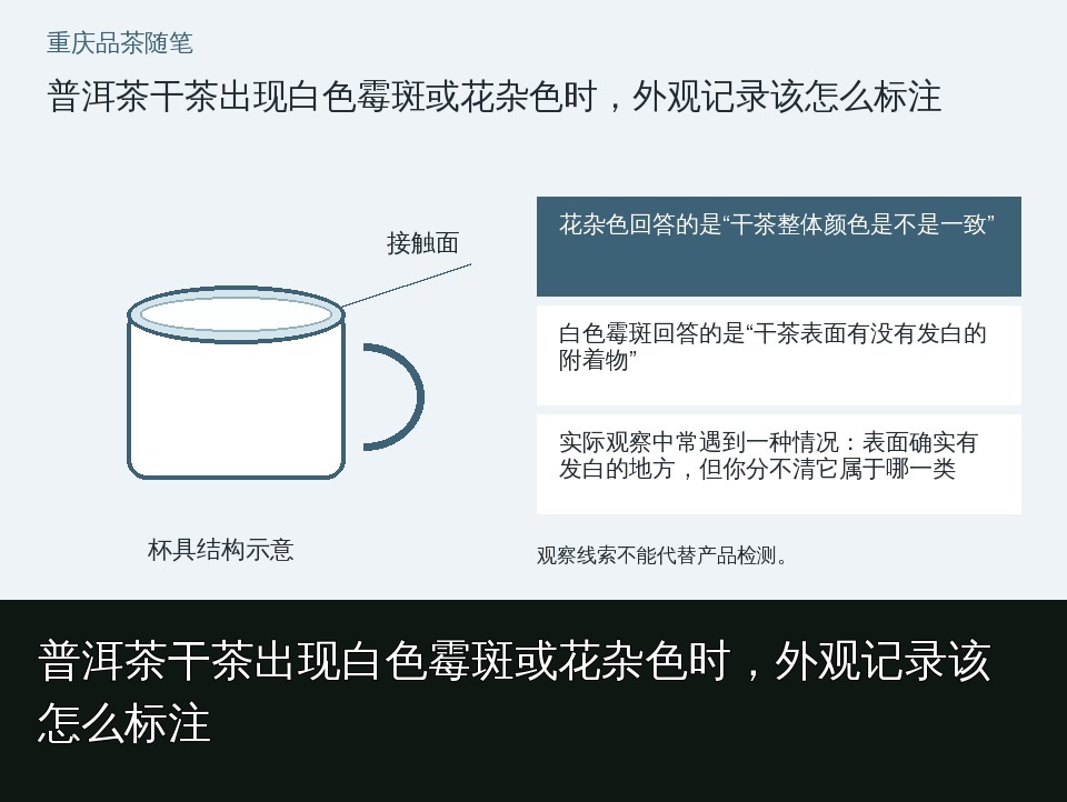 普洱茶干茶出现白色霉斑或花杂色时，外观记录该怎么标注的知识要点示意图