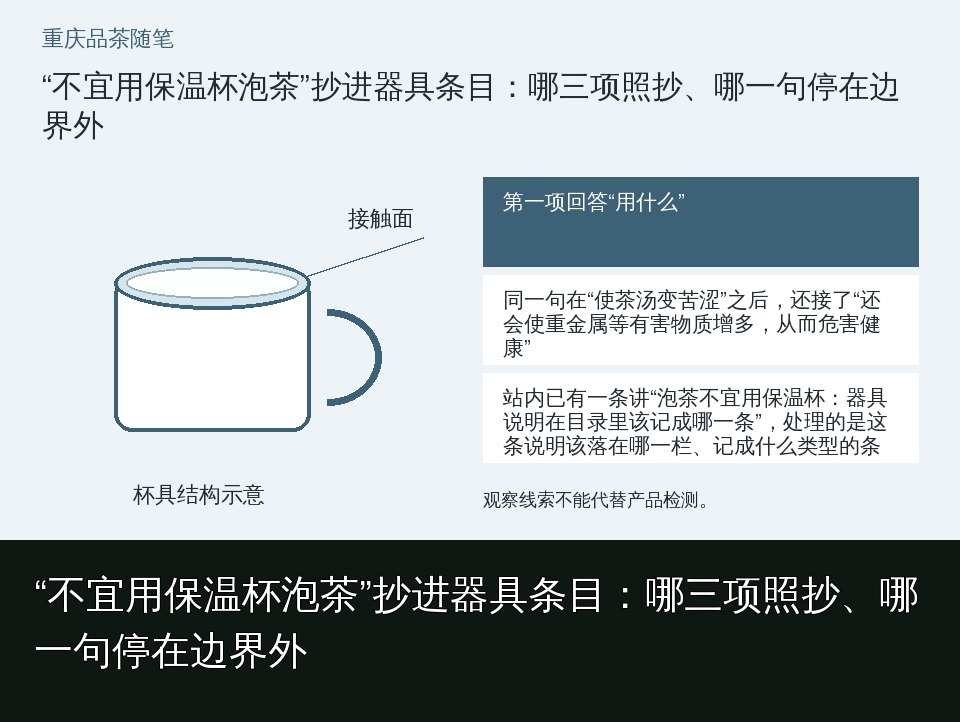 “不宜用保温杯泡茶”抄进器具条目：哪三项照抄、哪一句停在边界外的知识要点示意图